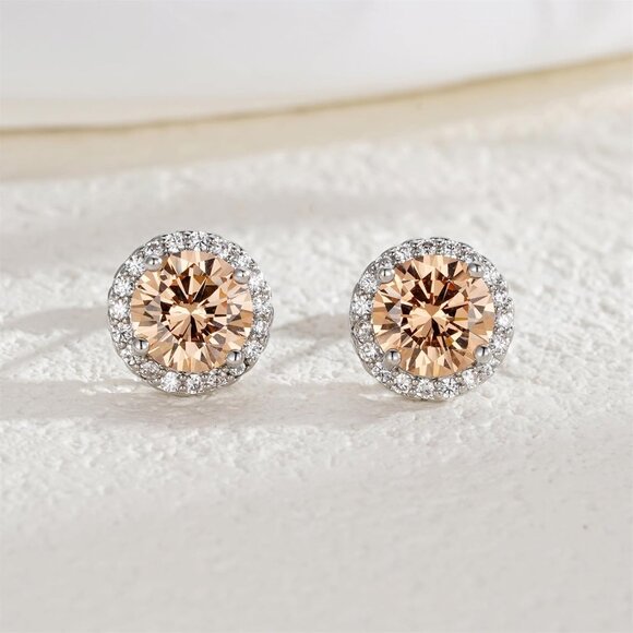Women's Round Tan Birthstone Elegant Mall Dainty Halo Cubic Zirconia Earring - Picture 4 of 6